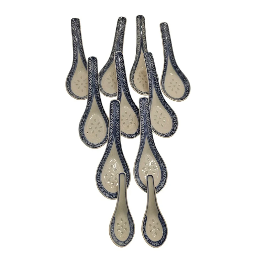 Vintage Blue White Rice Grain Porcelain Soup Spoons Set of 9+2 Chinese Dragon